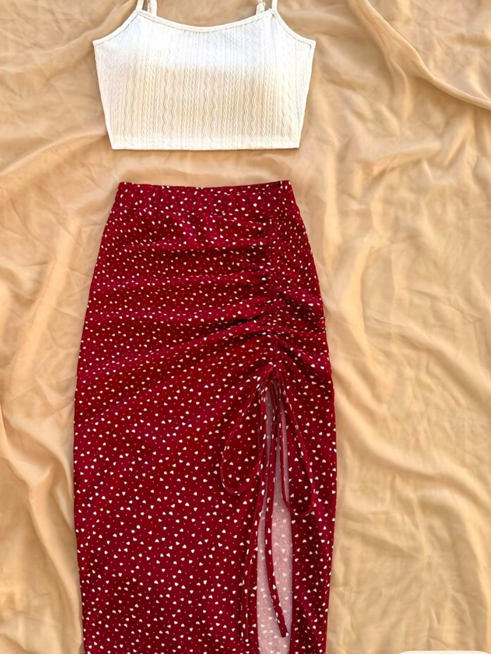 White Cami Top & Red Skirt Two-piece Set